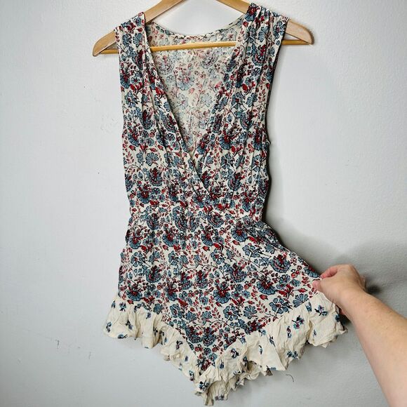 Billabong Cream Dusty Blue & Red Faux Wrap Deep-V Ruffle Hem Sleeveless Romper M - Picture 7 of 16